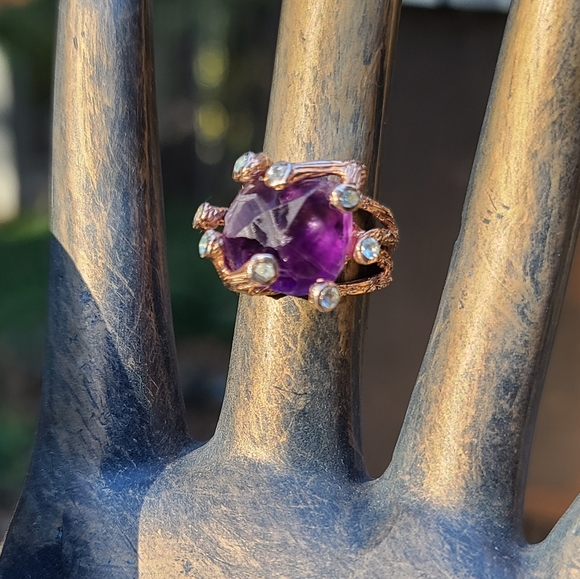 Amethyst raw nugget w/topaz accent stones sterling &rose gold ring sz7.75 - Picture 4 of 12